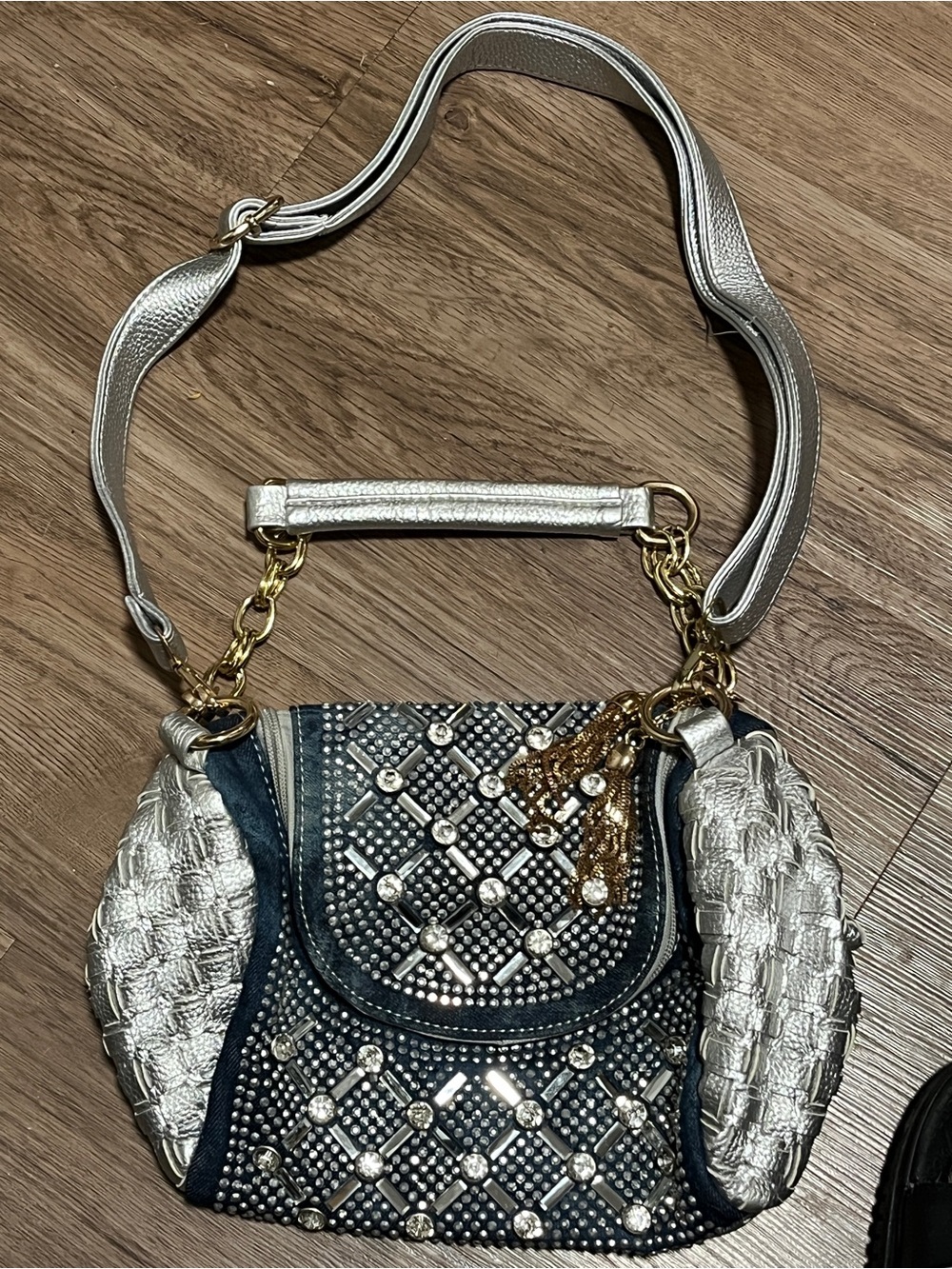 Embellished Navy and Silver Shoulder Bag with Gold Accents